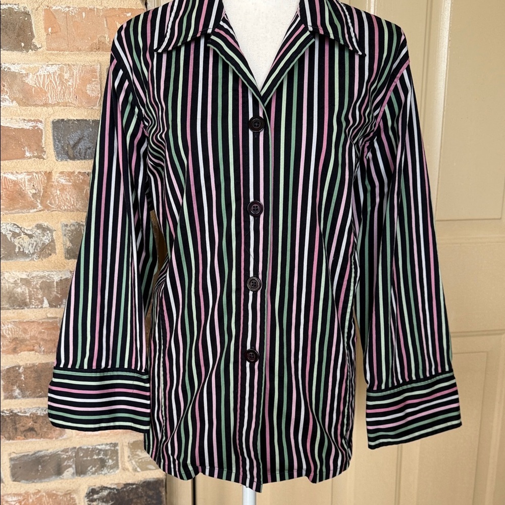 Jones New York Black Multicolor Striped Blouse Fitted Stretch Cotton Blend Sz 16